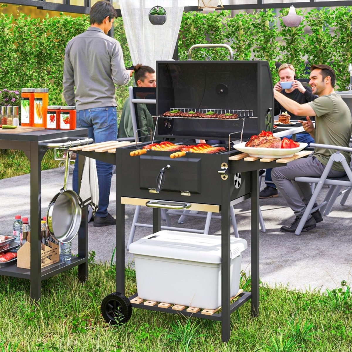 MODFU - Houtskoolgrill - Roestvrij Staal - Grillwagen - Met Deksel - Thermometer - Zwart