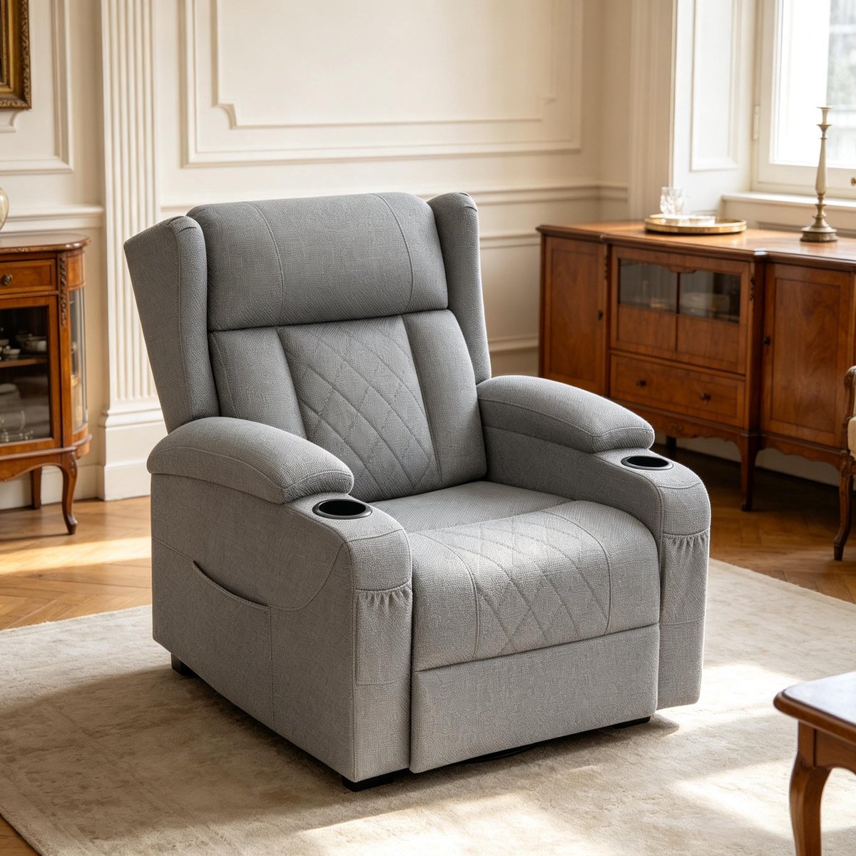 REDOM - Relaxfauteuil - Handmatig verstelbare rugleuning - 360° draaibaar - Verstelbare voetensteun - Armleuning met bekerhouder - Stof in linnenlook - Grijs - 87 x 94,5 x 103,5 cm