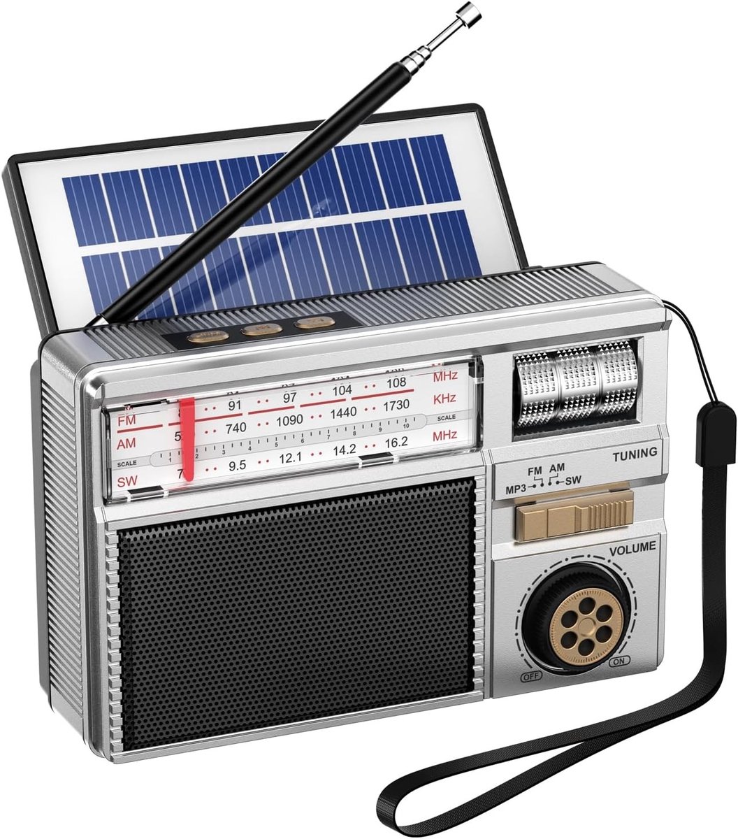 Draagbare AM/FM/SW Radio - Zwart - 14,5 x 6,3 x 9,3 cm - Oplaadbare Radio met Bluetooth en Zonne-energie - Voor Binnen en Buiten