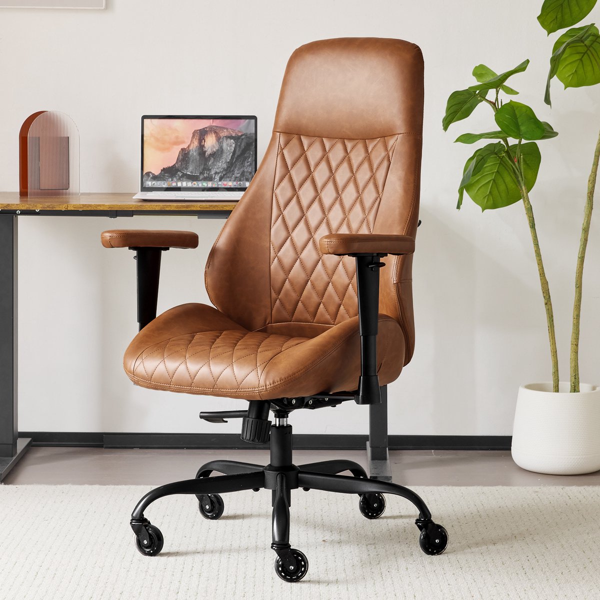 Bureaustoel - Ergonomische Hoge Rug - Verstelbare Armleuningen En Kantelbare Rugleuning - Voor Kantoor En Thuiswerk - Leer Bruin