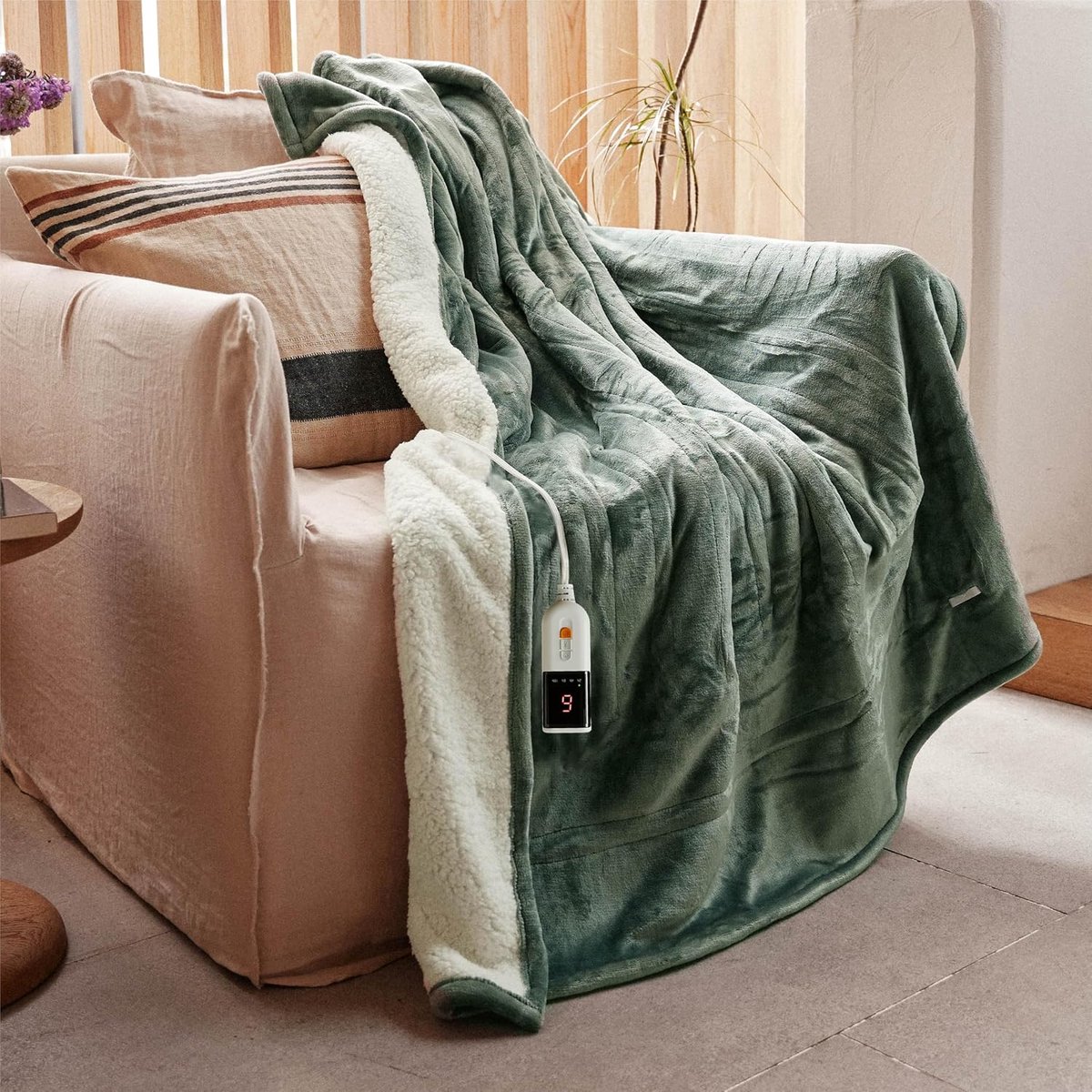 Elektrische Deken 130 x 180 cm - Flanel & Sherpa Warmtedeken met 9 Warmtestanden en 10 Uur Timer - Snelle Opwarming en Automatische Uitschakeling - Wasbare Verwarmingsdeken voor Bank, Bed, Thuis en Kantoor - Groen