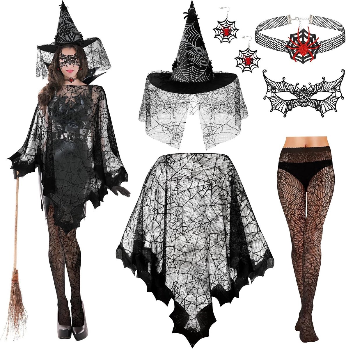 Vrouwelijk Spinnenkostuum met Poncho, Net, Heksenhoed, Oorbellen en Panty voor Halloween en Carnaval Cosplay Accessoires