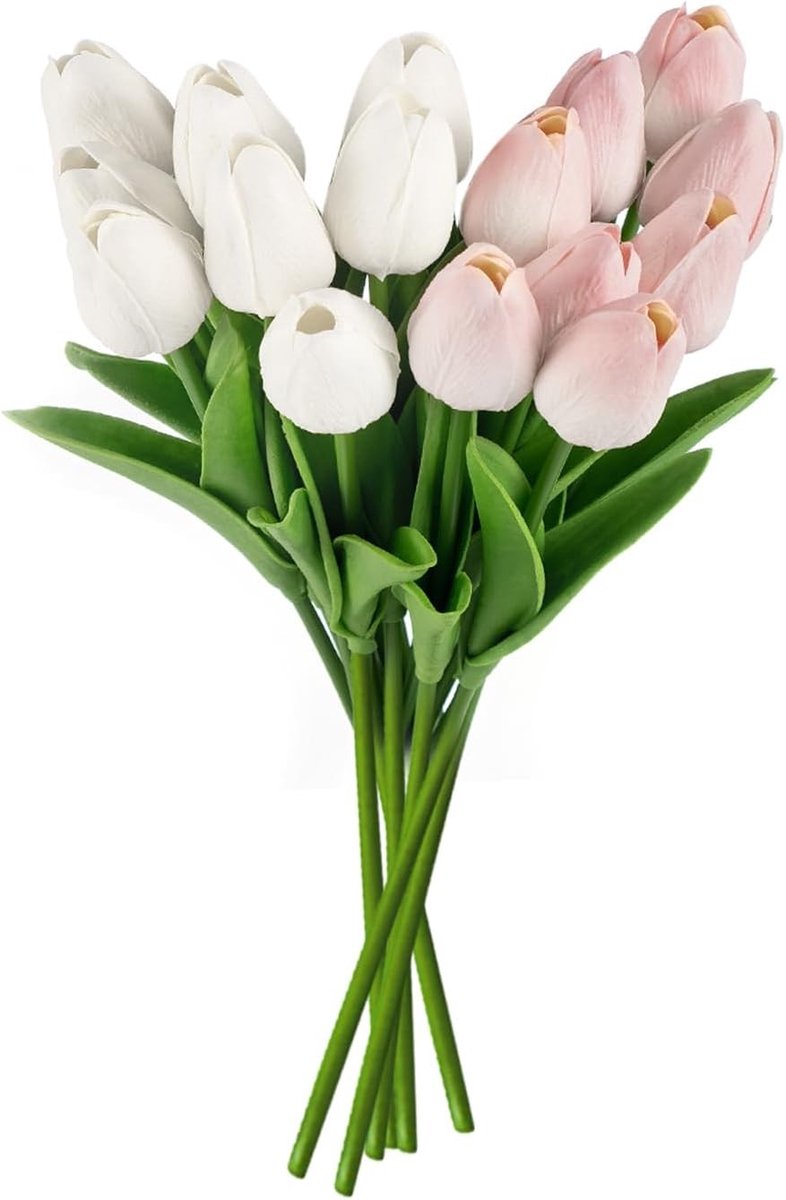 16 Stuks Kunstmatige Tulpen Boeket voor Bruiloft Decoratie, Bloemenarrangement in Wit en Lichtroze