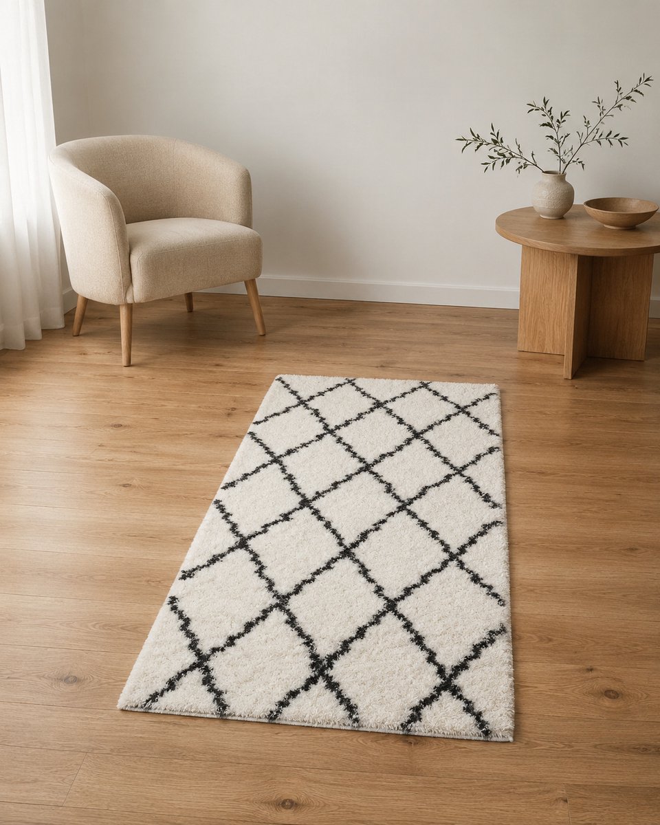 La Sheba Shaggy Wasbaar Vloerkleed – Wit/Antraciet – Geometrisch Ruitpatroon – Zacht Polyester – 60 x 110 cm