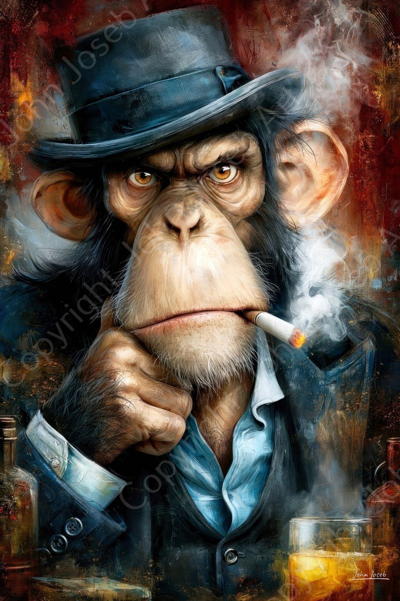 John Joseb Art (Glas) 80x120 | Boze aap in pak aan de bar, kostuum, hoed, sigaret, roken, drank, mafia baas, abstract, kunst, portret, dier, rood, blauw, geel, modern | Foto-schilderij-glasschilderij-acrylglas-acrylaat-wanddecoratie