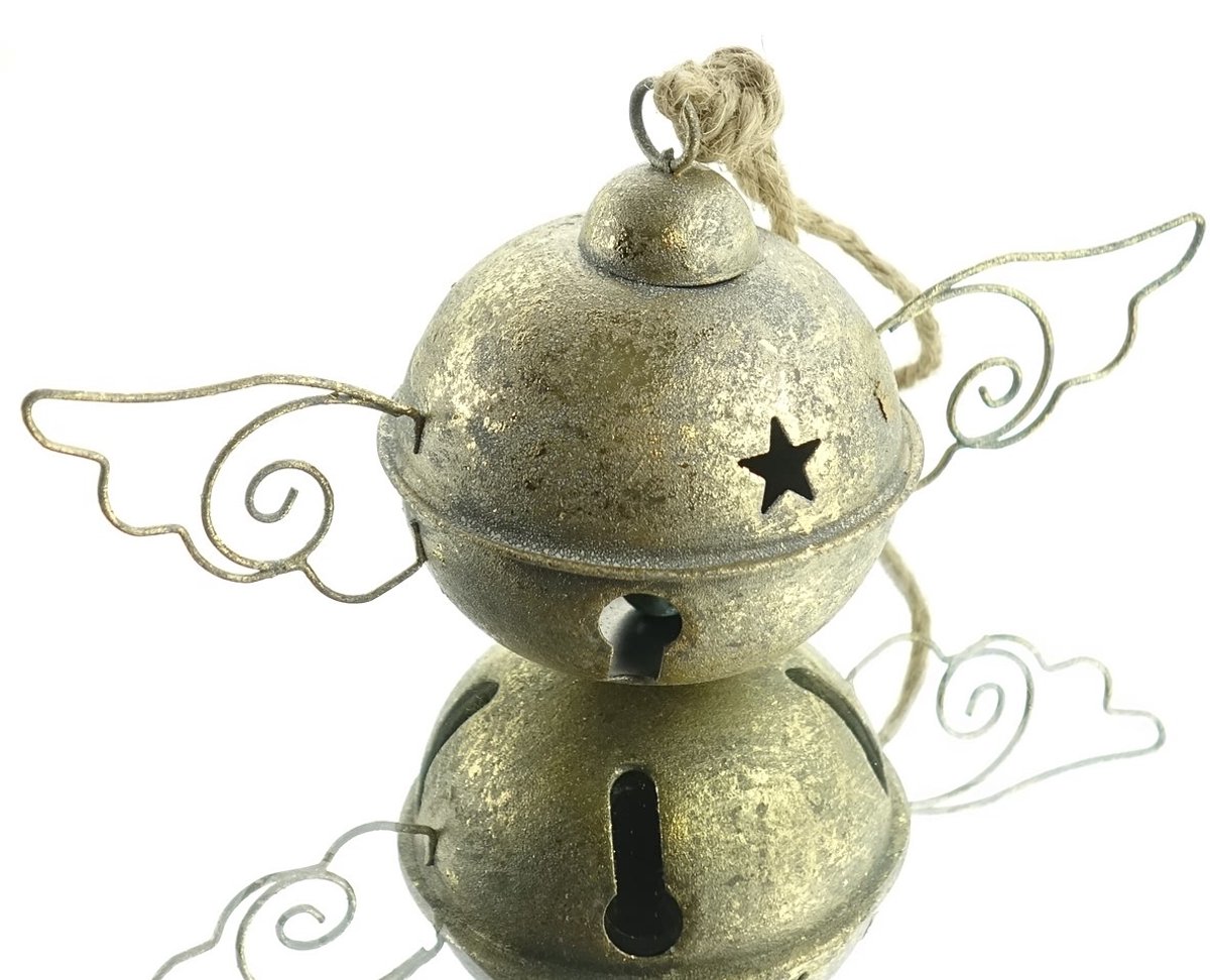 Scheulen kerstklok met vleugels champagnekleurig 8 cm metaal