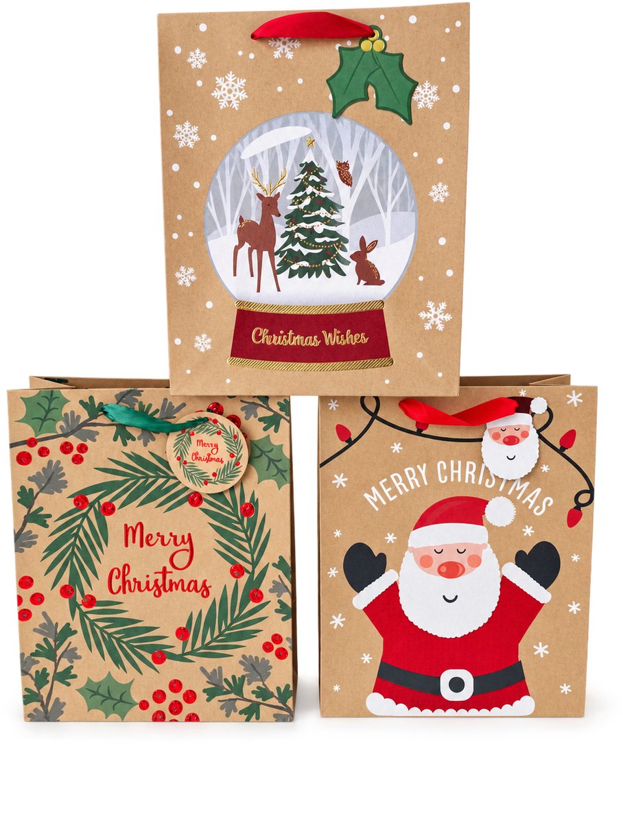 Geschenktas - Kersttas - kraft papier - cadeau tas - 3 stuks - Kerst - cadeau verpakking - 26 x 32 cm
