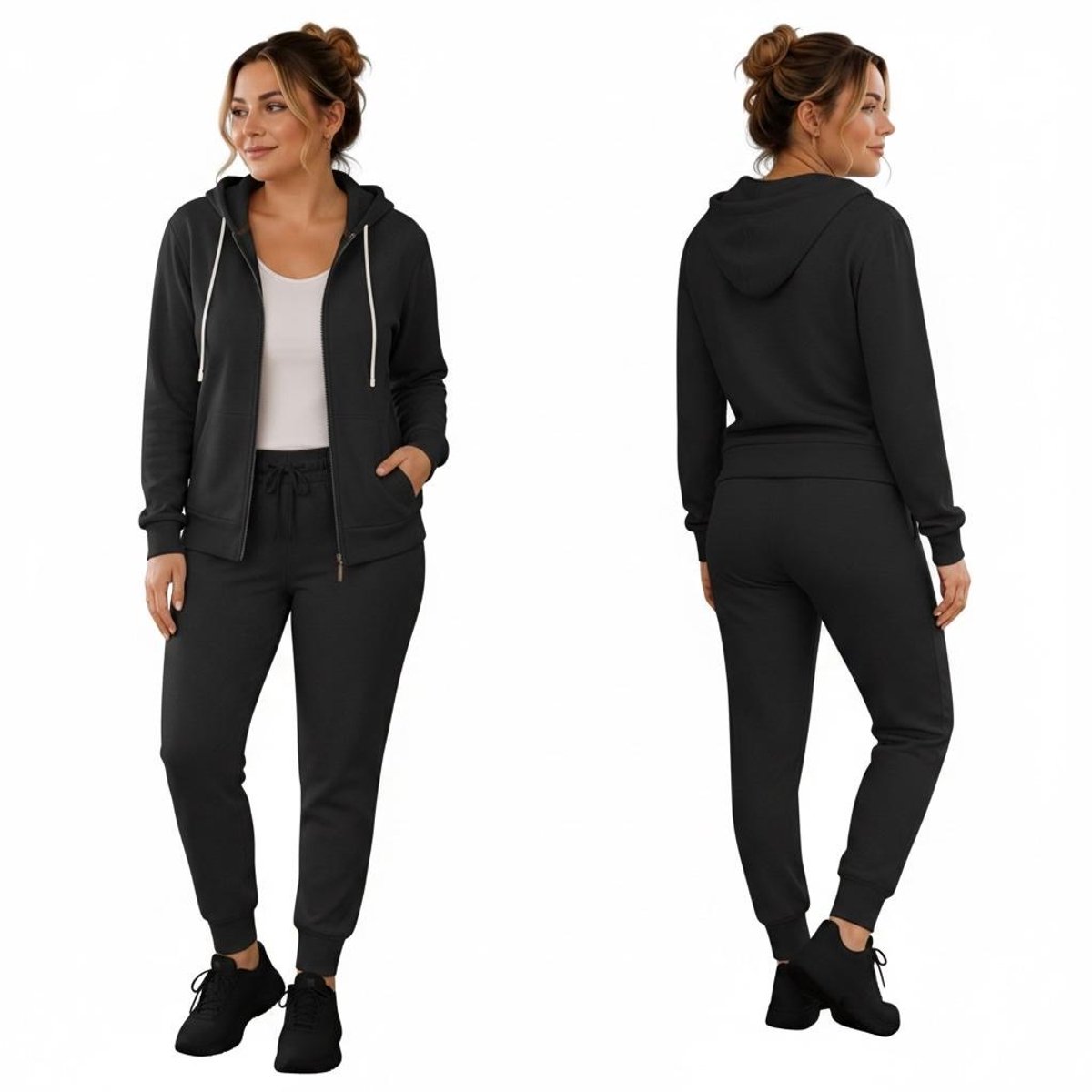 Dames Warm Gevoerde Huispak / Vrijetijdspak met Capuchon -F2201- M/L (38-40) ZWART