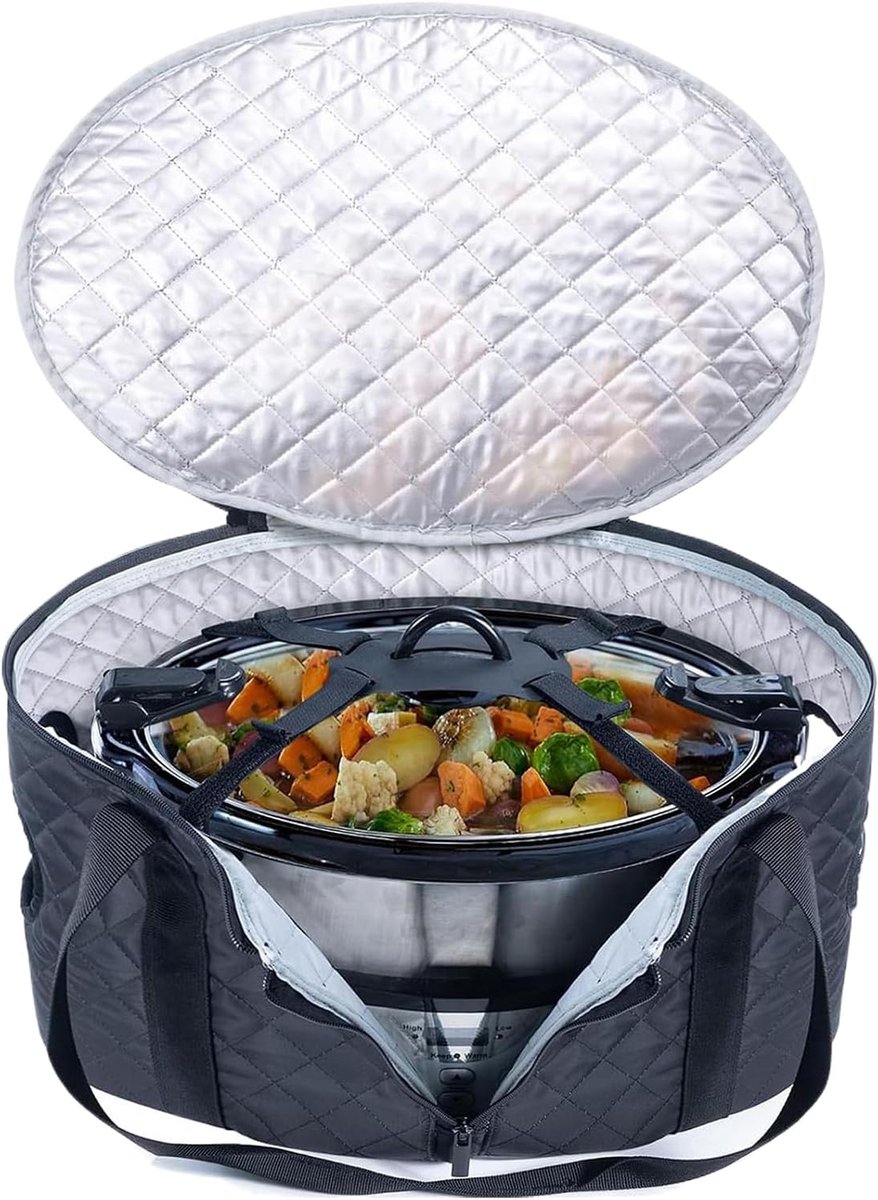 Draagtas voor slowcooker – Geïsoleerde reistas | Grote capaciteit, voorzien van een herbruikbare binnenvoering en een band om het deksel vast te zetten; een accessoire voor buitenkoken, ideaal voor kamperen, picknicks, feestjes en bakactiviteiten.