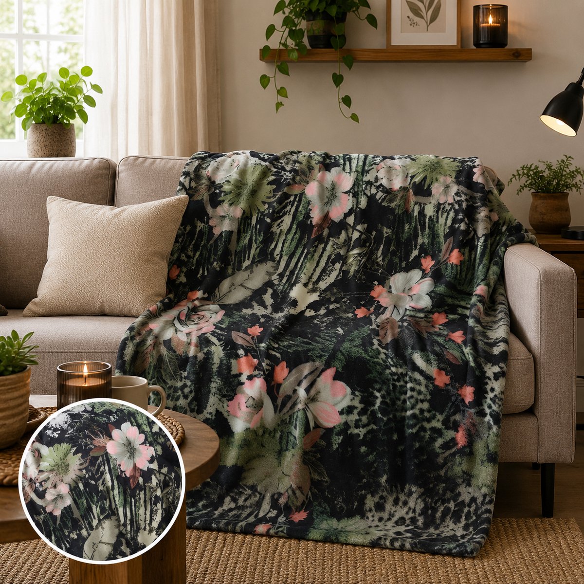 Quentin Fleece Deken Microflanel Bloemmotief Fleece Deken & Fleece Plaid 150x200 cm Zwart