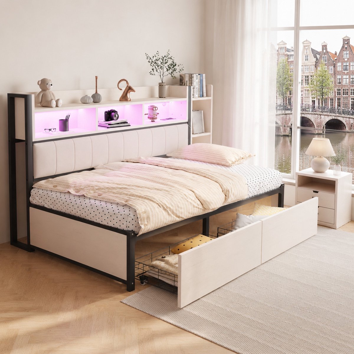 WUVRIE Slaapbank eenpersoons 90x200cm met veel opbergruimte, uitklapbare bureau, LED-verlichting & stopcontacten - wit