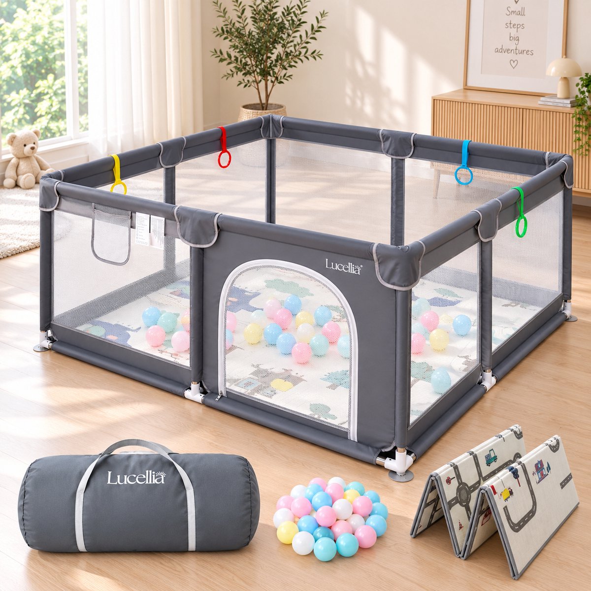 Lucellia® Grondbox Baby - Speelbox & Kruipbox - Inclusief Speelmat & 30 Ballen - Draagtas - Donkergrijs - 120x120x66 cm