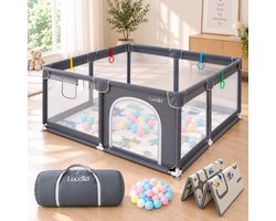 Lucellia® Grondbox Baby - Speelbox & Kruipbox - Inclusief Speelmat & 30 Ballen - Draagtas - Donkergrijs - 120x120x66 cm