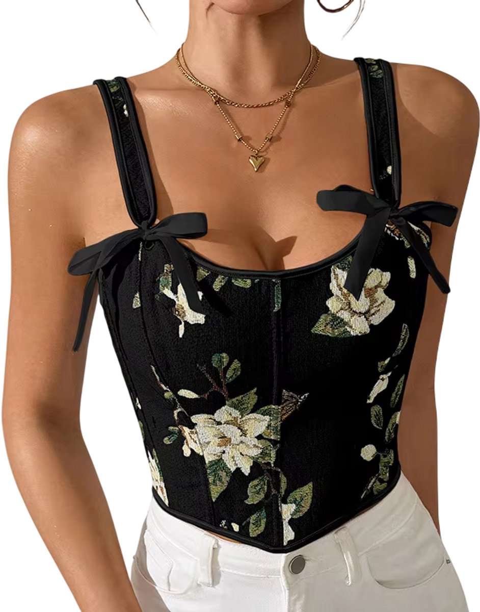 Sexy Retro Corset Crop Top voor Dames met Bloemenprint – Vintage Look, Dubbele Bandjes & Flatterende Pasvorm - Zwart - Maat S