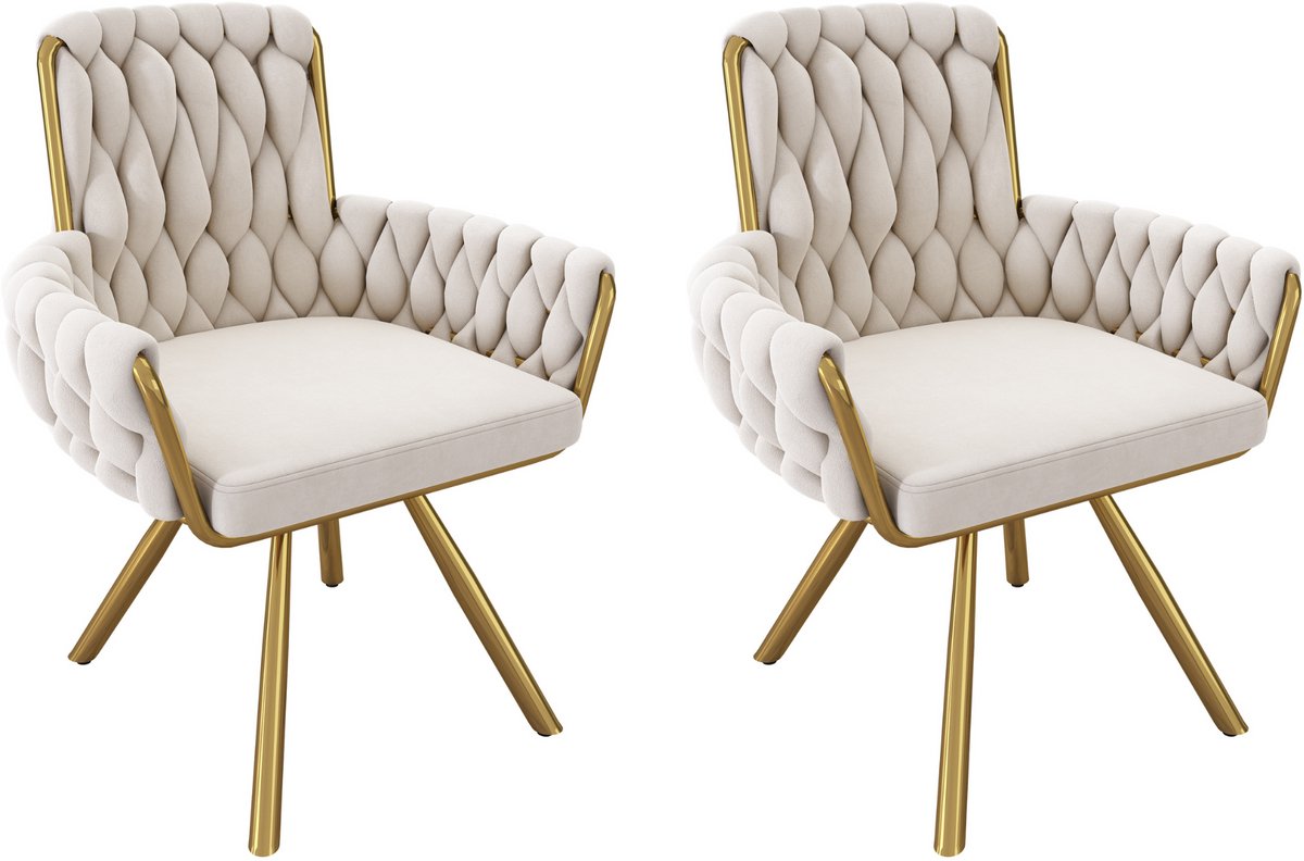 MUVANO Eetkamerstoel met armleuning - Set van 2 draaistoelen - Beige fluwelen eetkamerstoel - 150 kg - 360 graden draaibaar - Eetkamer Beige