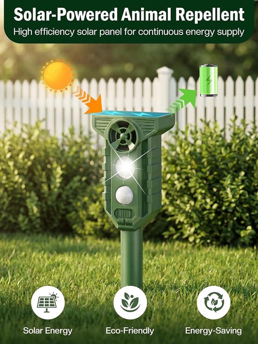 Op zonne-energie werkende ultrasone vogel- en kattenverjager Geschikt voor LED-flitsfunctie, IP65 waterdicht, Geschikt voor tuinen, terrassen en gazons.