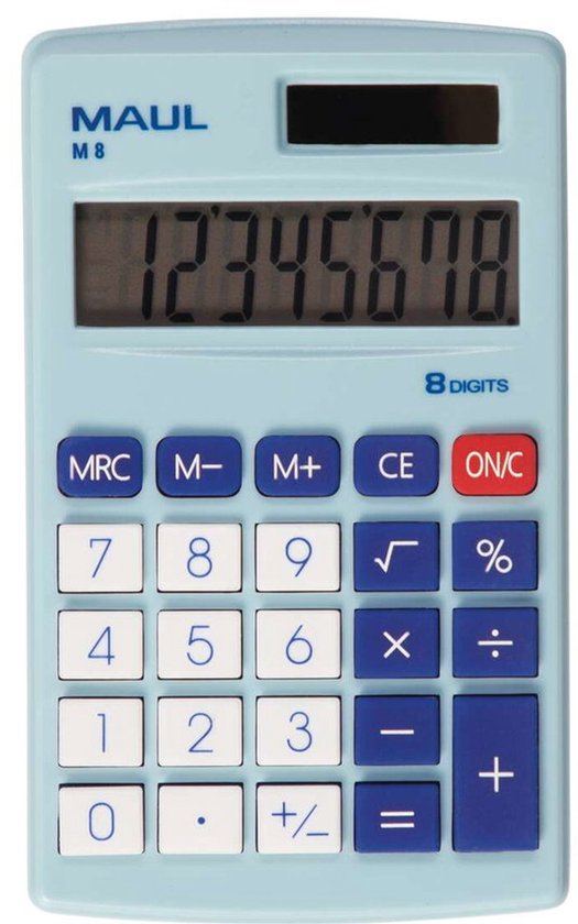 Een lichtblauwe MAUL M 8 rekenmachine met 8-cijferig LCD-scherm.