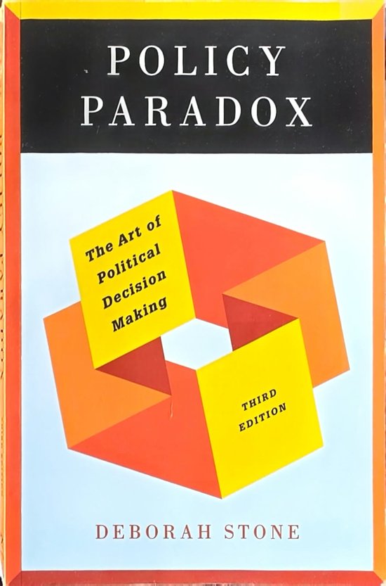 Boekomslag Policy Paradox met geometrische vormen in geel en oranje en de tekst The Art of Political Decision Making.