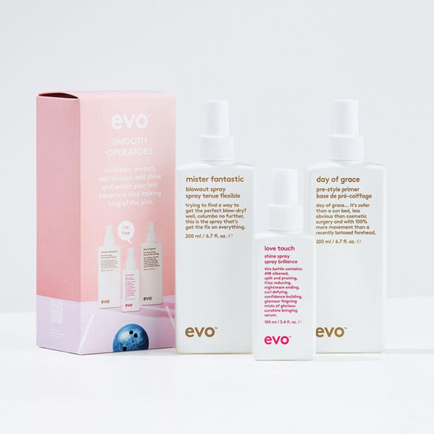 evo Smooth Operators Styling Gift Pack – Day of Grace Pre-Style Primer 200 ml, Mister Fantastic Blowout Spray 200 ml & Love Touch Shine Spray 100 ml