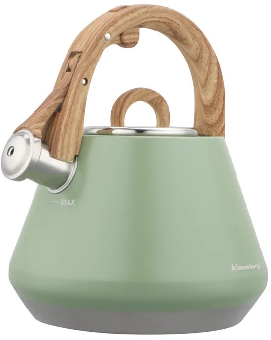 Matgroene Klausberg fluitketel met houtlook details en een roestvrijstalen bodem.