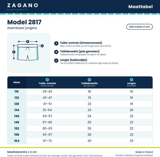 Maattabel voor jongens zwembroeken Model 2817 van ZAGANO. Beschrijft tailleomtrek, taillebreedte en lengte in cm.