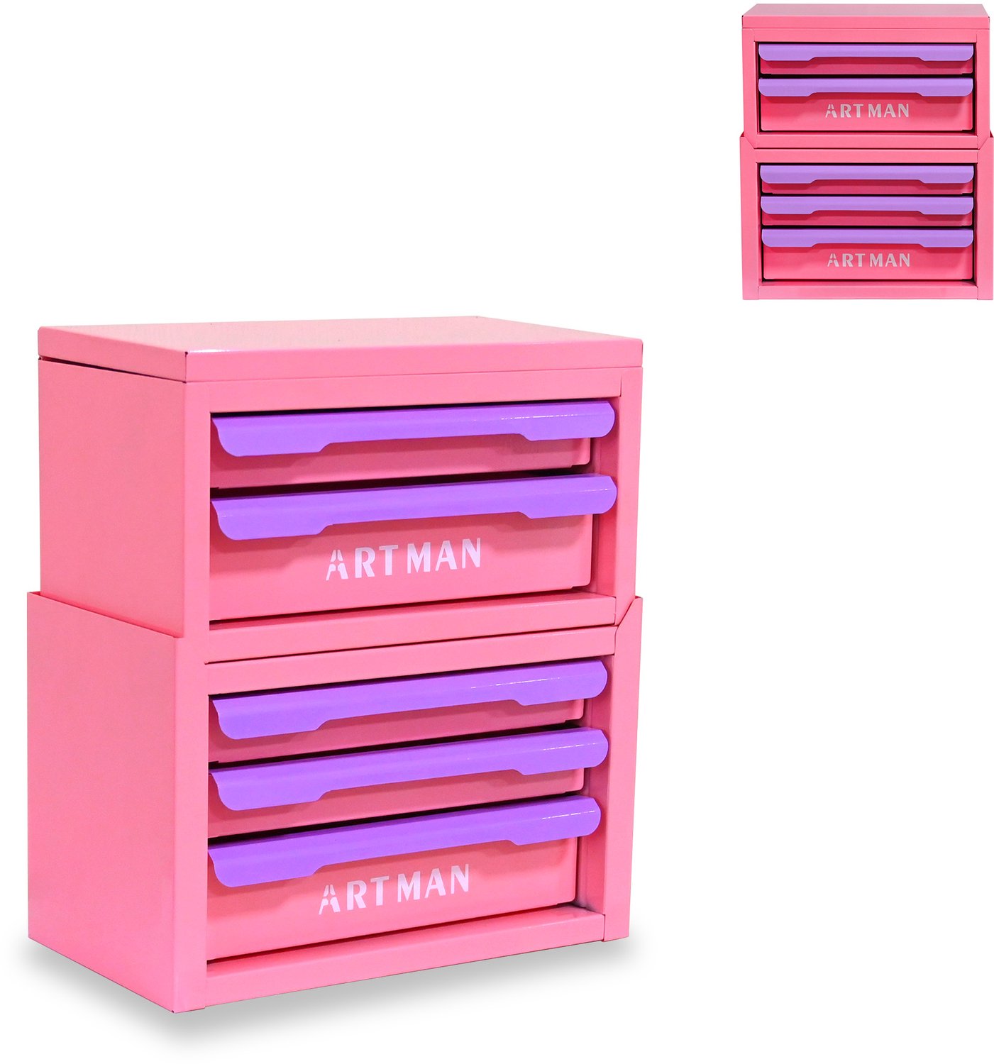 Bureau-Organizer Met 5 Laden - Compact Stalen Opbergkastje Voor Kantoorartikelen En Cosmetica - Stapelbaar Ontwerp - Roze En Paars