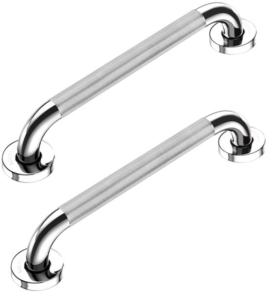 Twee glanzende, zilverkleurige roestvrijstalen wandbeugels met een centraal geribbeld antislipoppervlak voor betere grip.