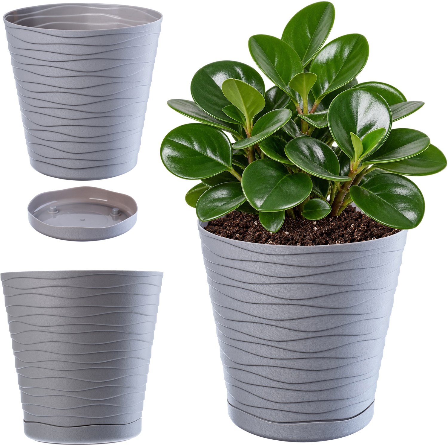 Kadax bloempot met onderzetter, voor binnen, lichte bloempot van hoogwaardig kunststof, ronde bloempot voor bloemen, planten, huis