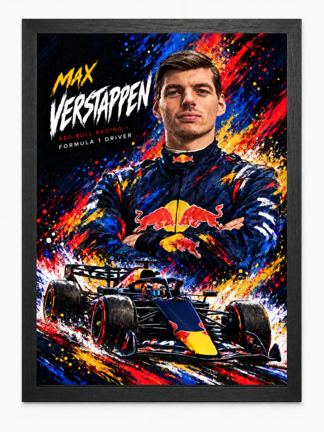 Max Verstappen Poster | Portret & Red Bull Auto | Watercolor Art | Inclusief Zwarte A4 Lijst