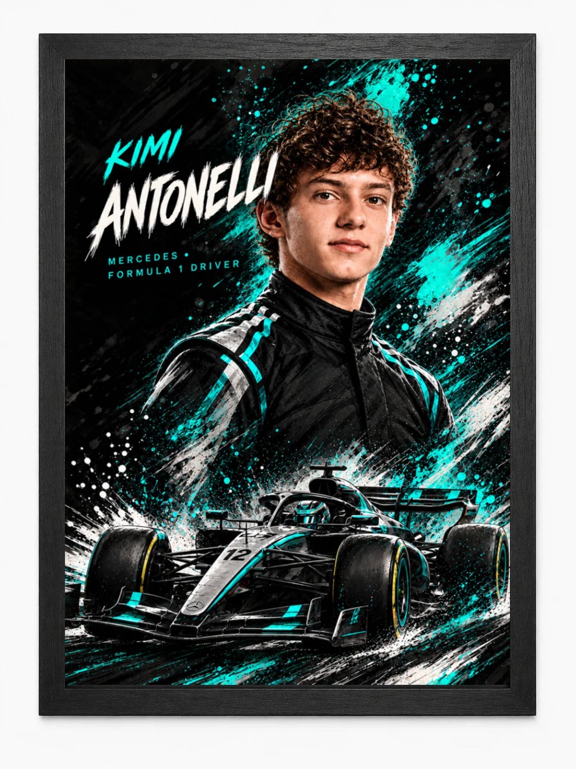 Kimi Antonelli Poster | Mercedes Formule 1 Art | Inclusief Zwarte A4 Lijst
