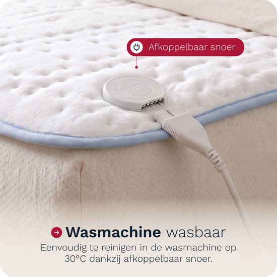 Detail van de lichtblauwe Inventum elektrische onderdeken met afkoppelbare snoer.