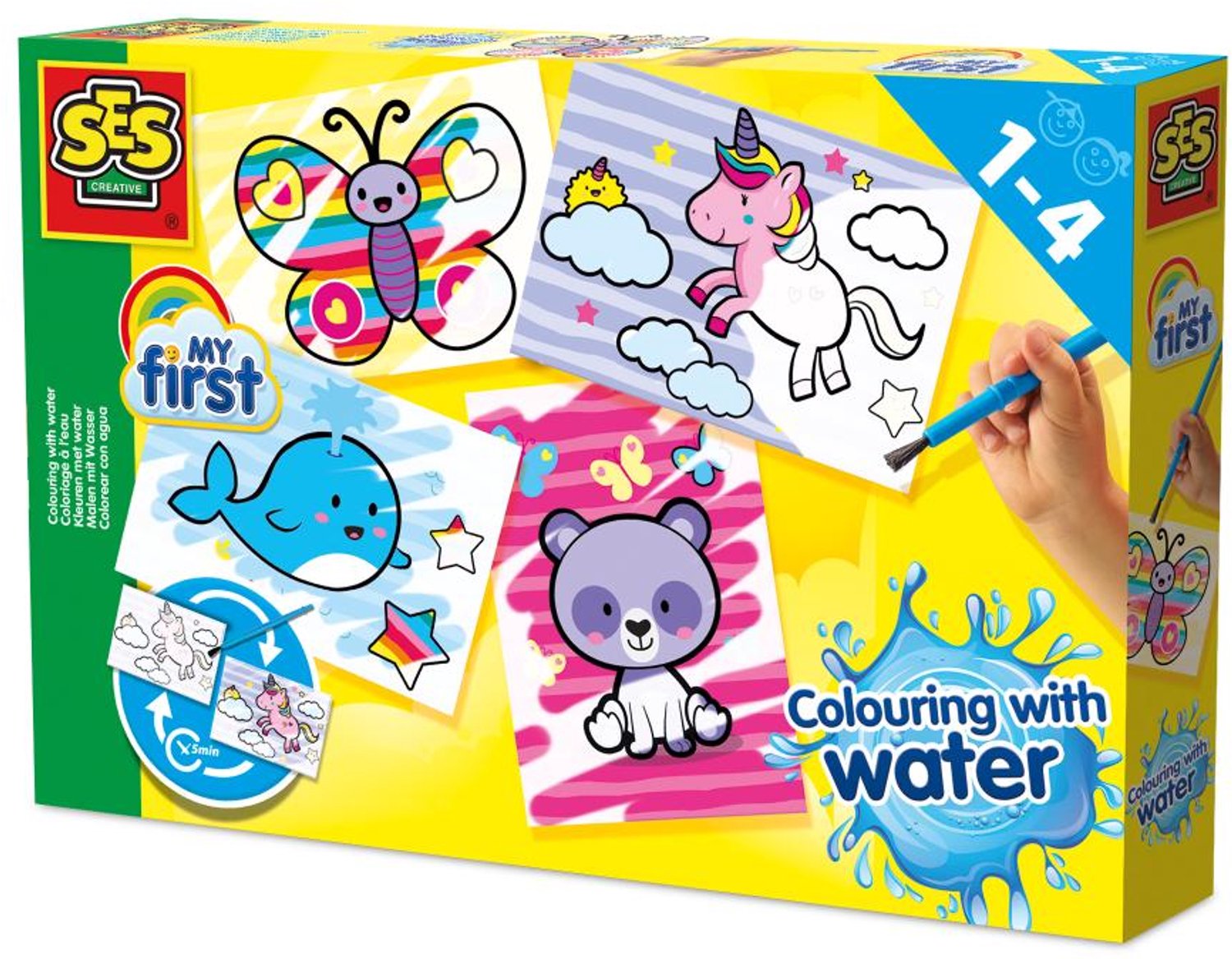 SES - My First - Verven - Kleuren met water - Fantasie dieren - zonder geknoei - inclusief 4 voorbedrukte kaarten en kwast - steeds opnieuw te gebruiken