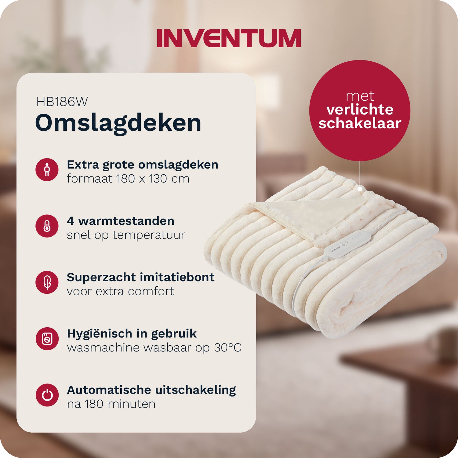 Inventum HB186W Elektrische Deken 180x130 cm - 4 Standen - Wit - afbeelding 2