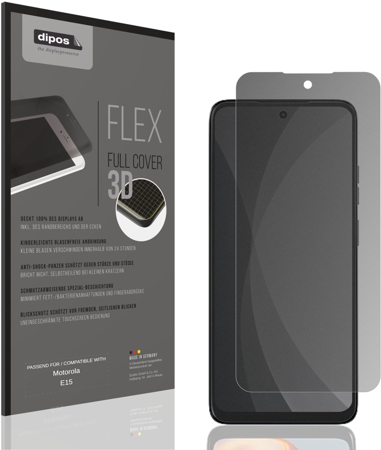 dipos FLEX – Matte Privacy Screenprotector geschikt voor Motorola E15 | Volledige Schermbescherming | Case-Friendly