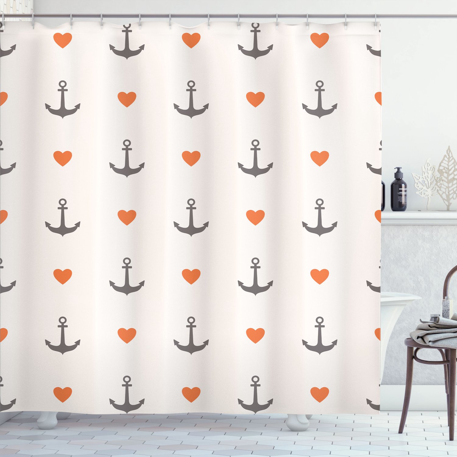 ABAKUHAUS Kleurrijk Douchegordijn, Anker en Hart, Stoffen Badkamerdecoratieset met Haken, 175 x 240 cm, Vermiljoen Grijs