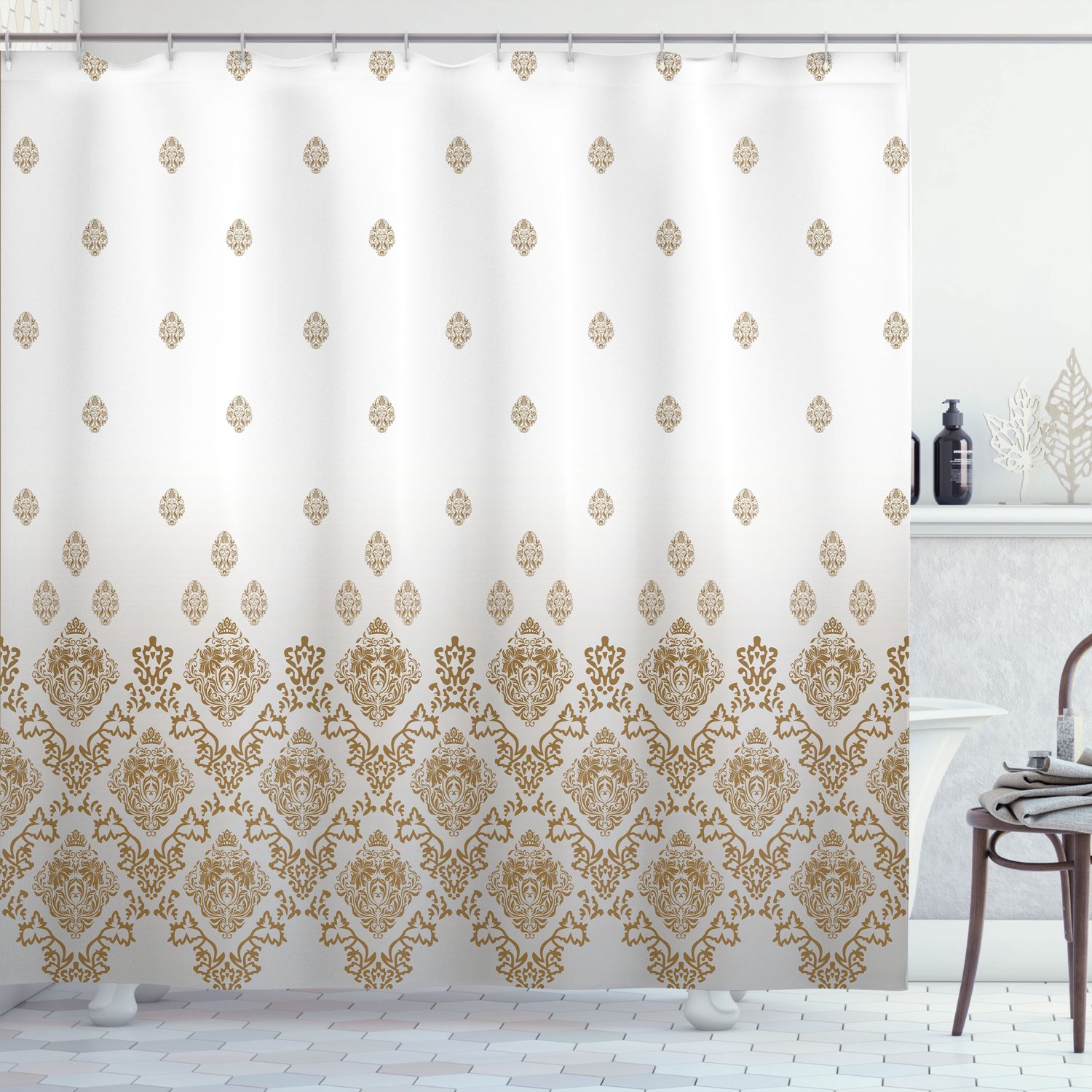 ABAKUHAUS Victoriaans Douchegordijn, Vintage romantische Kunst, Stoffen Badkamerdecoratieset met Haken, 175 x 200 cm, Bruin Wit Grijs