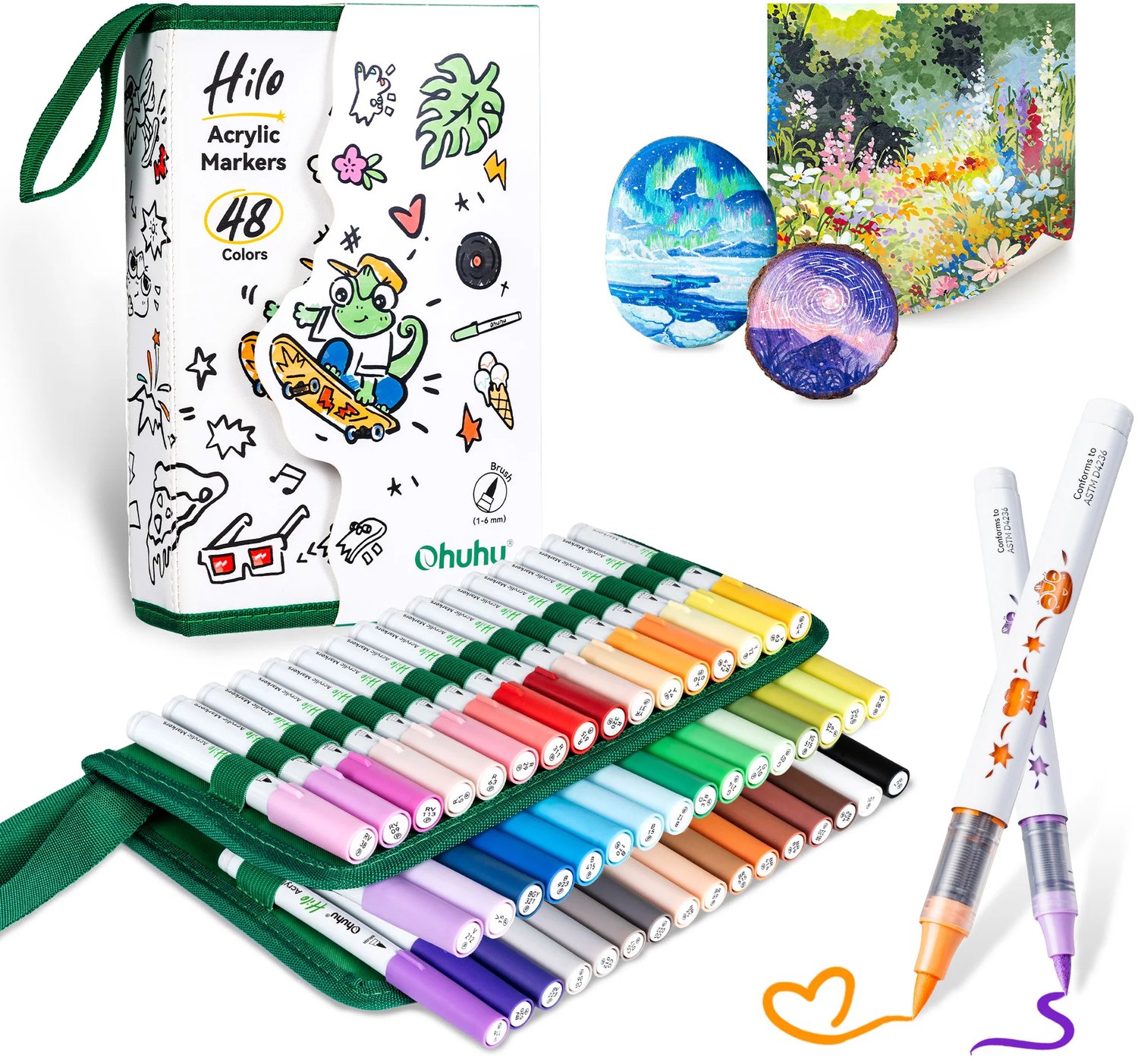 Ohuhu Hilo Direct-ink Acrylic Brush Markers – set 48 kleuren