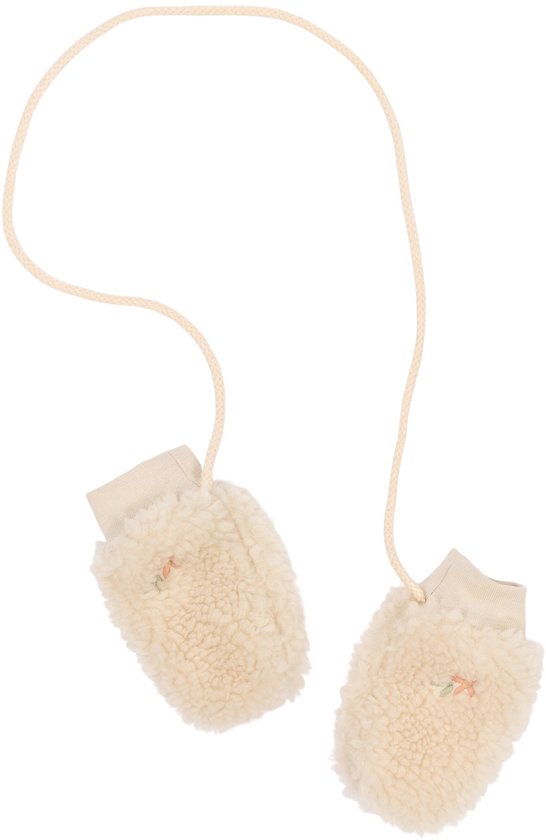 Paar crèmekleurige teddy wantjes met een koordje en subtiel geborduurde bloemetjes.