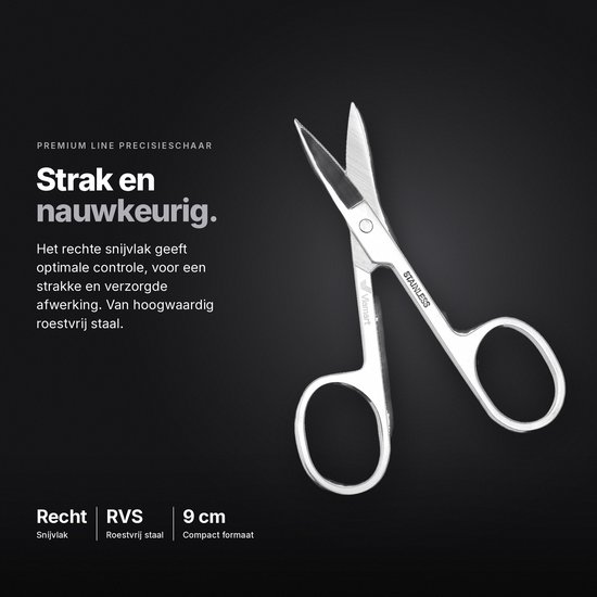 Roestvrijstalen precisieschaar met recht snijvlak, 9 cm lang. Tekst: 'Strak en nauwkeurig.'