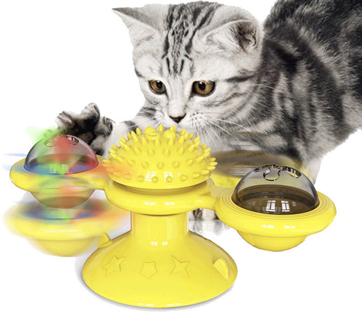 Without Lemon - Set van 2 - Kattenspeeltje - Speelgoed voor huisdier - Draaimolen - Massageborstel - Geel