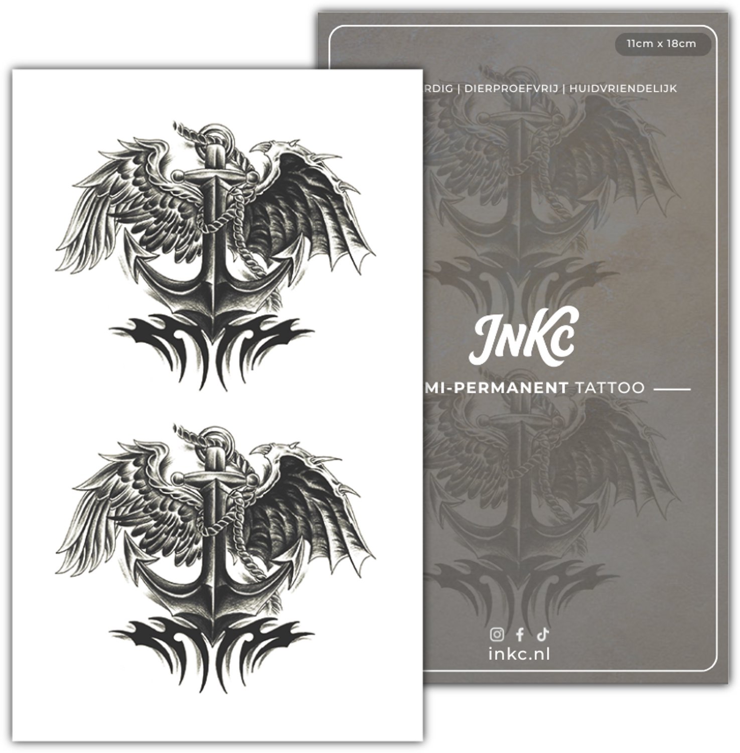 INKC - Tijdelijke Tattoo - Anker met Vleugels - Nep Tattoo - Plak Tattoos - Blijft tot 2 weken - 11 x 18cm