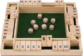 Longfield - Shut the Box – 4 Spelers – Rubberhouten Bak met Ingelegd Vilt – Massief Hout - Inclusief 8 Houten Dobbelstenen – Bordspel - Dobbelspel - Afmeting: 29 x 29 x 3,5 cm – Strategisch Familiespel – Traditioneel spel - Educatief spel