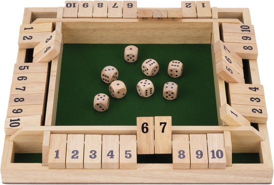 Longfield - Shut the Box – 4 Spelers – Rubberhouten Bak met Ingelegd Vilt – Massief Hout - Inclusief 8 Houten Dobbelstenen – Bordspel - Dobbelspel - Afmeting: 29 x 29 x 3,5 cm – Strategisch Familiespel – Traditioneel spel - Educatief spel