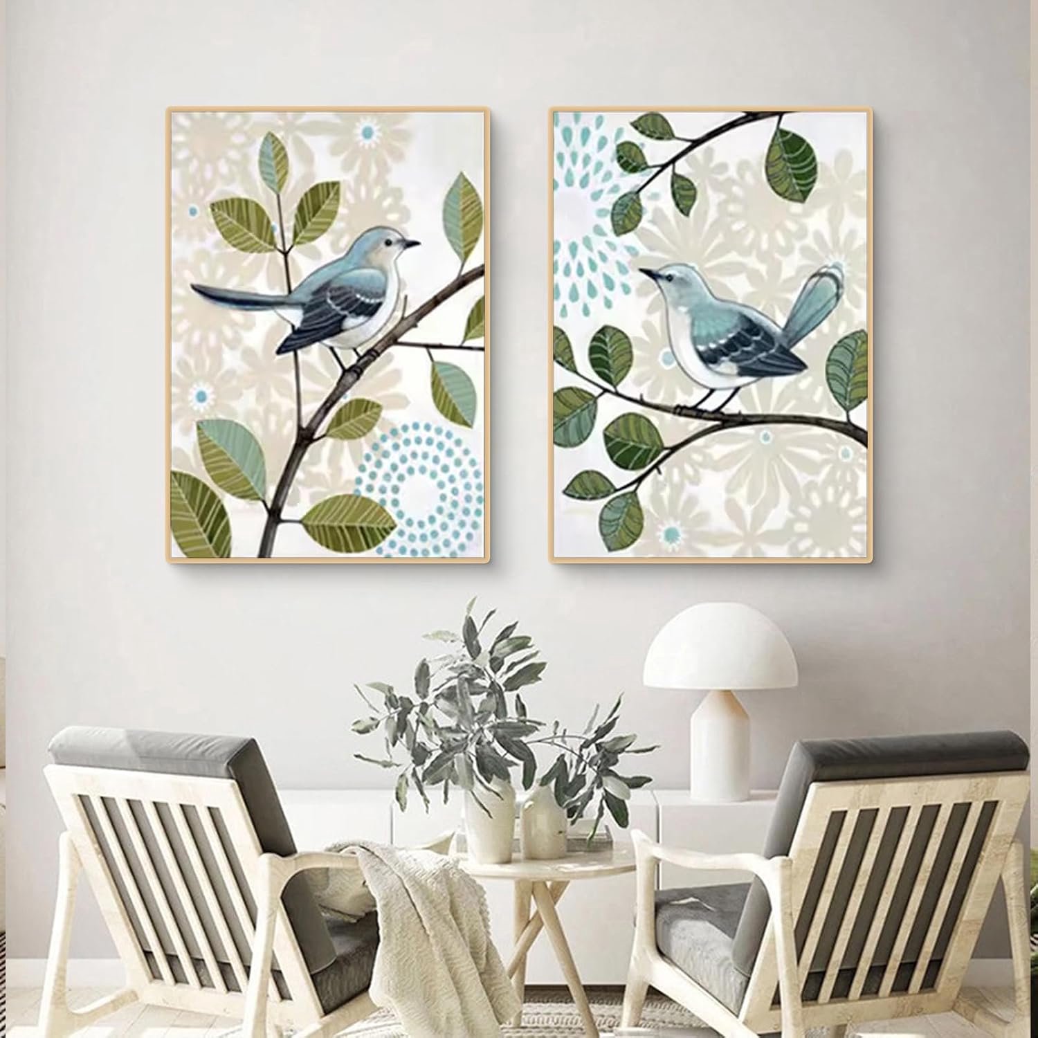 Set van 2 Poster Prints: Groene Planten & Vogels, Modern Wanddecoratie (40x50cm)
