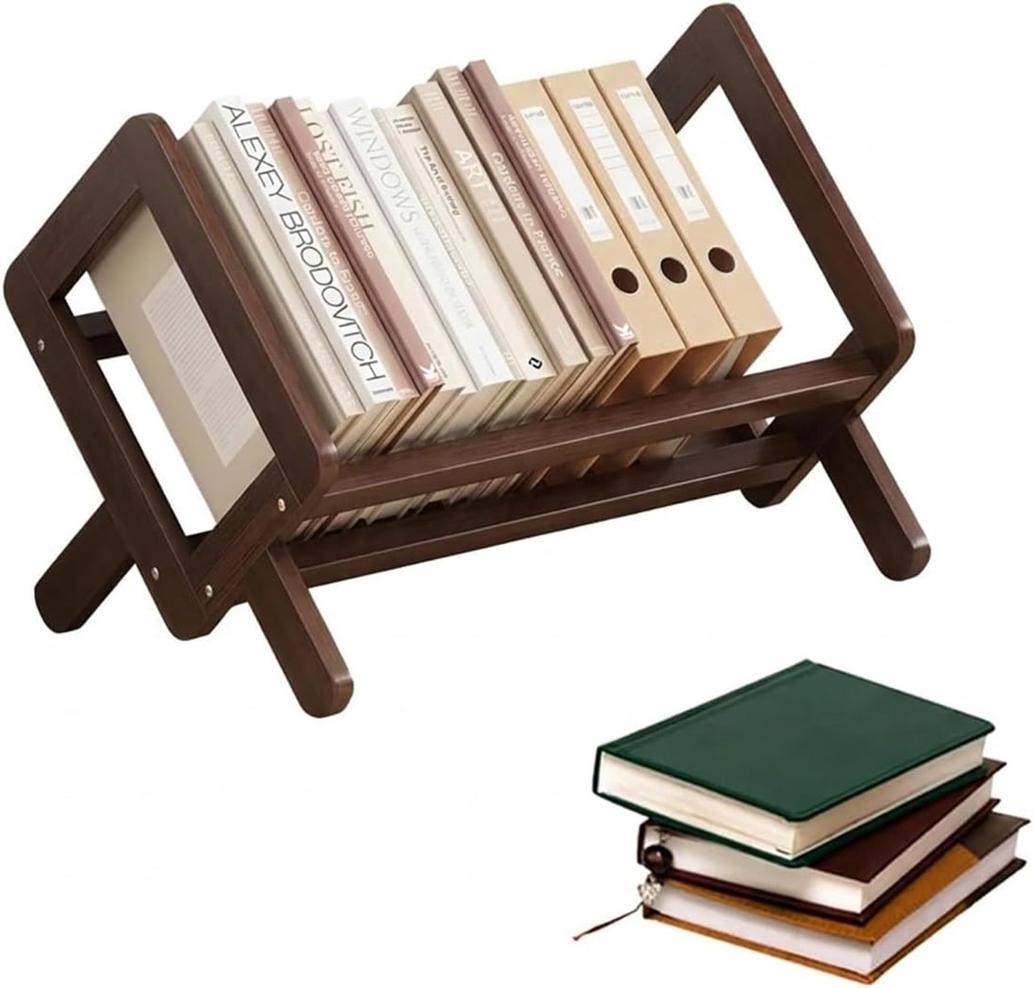 Boekenrek voor bureau - Houten boekenhouder voor kantoor - Kleine kast voor boeken - Schuin opbergrek voor tijdschriften - Vrijstaand compact ontwerp - Ook voor mappen tablets - Donkerbruin - 40 x 21 x 21 cm