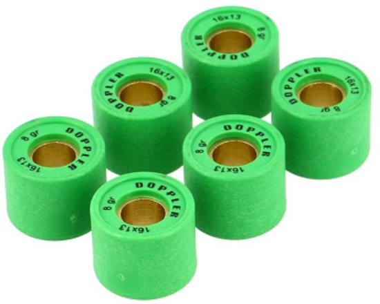 Six rouleaux de variateur Doppler verts avec des inserts dorés et l'inscription '16x13 8g'.