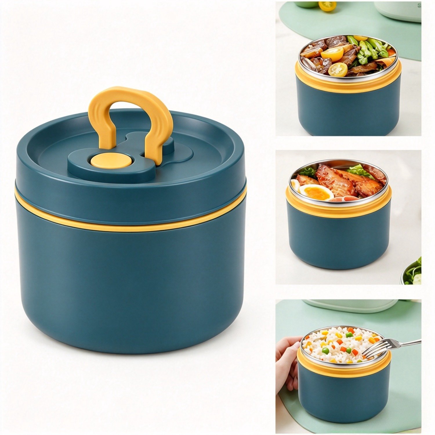 Blauwe Thermische Lunchbox 650ml 304 RVS | Inclusief Eetlepel Lekbestendig Voedselcontainer, Warmhoudend voor Werk, School en Picknick