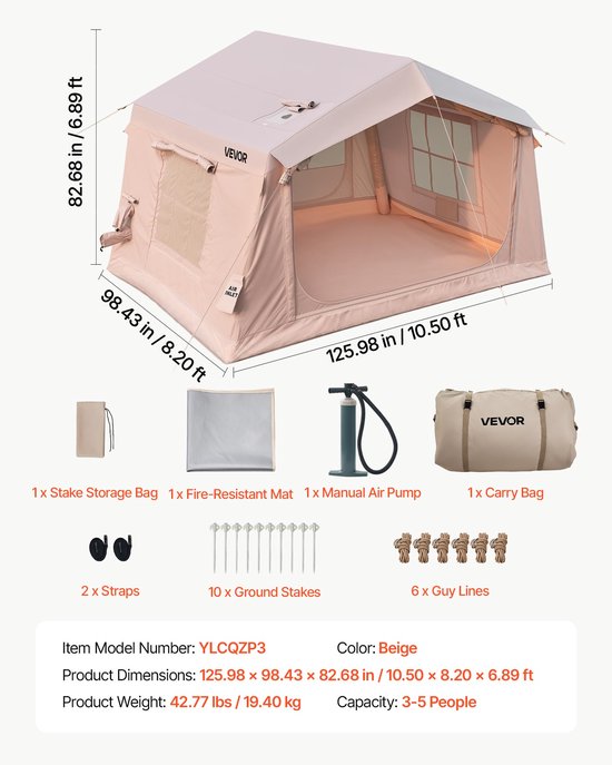 VEVOR Opblaasbare Glampingtent, Luchttent voor 3-5 Personen met Pomp, Beige, voor Buitenactiviteiten, Waterafstotend 420D Oxford-Stof, Dakraam, Opening voor Kachelpijp, Gaasraam & Draagtas — afbeelding 5