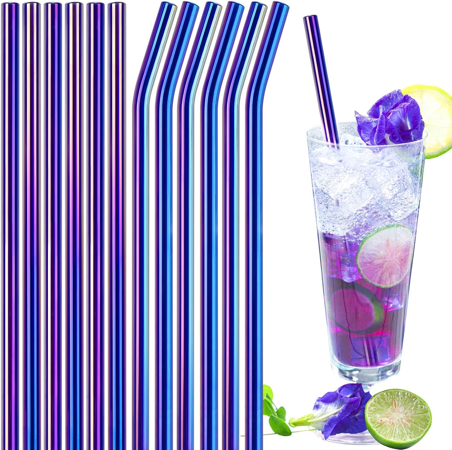 Glazen rietjes - 12 stuks - Herbruikbare drinkrietjes - Voor koude drankjes - Rechte en gebogen modellen - Met 2 reinigingsborstels - Borosilicaatglas - Iriserend - Blauw/paars - 20 x 1 cm