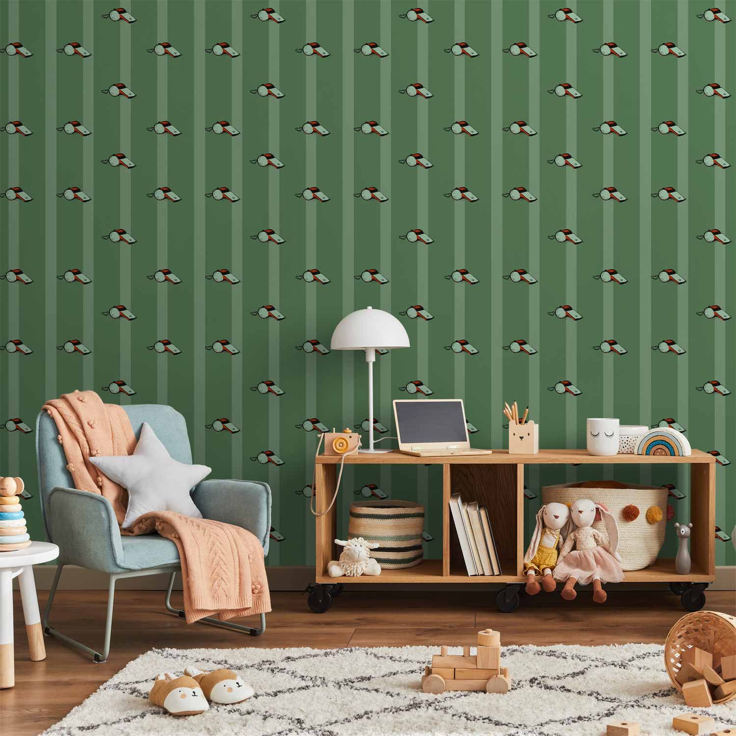 Behang - Sports Whistles - Repeating pattern on a striped green background.